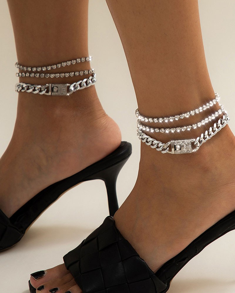 

Studded Lock Charm Anklet Set, Silver