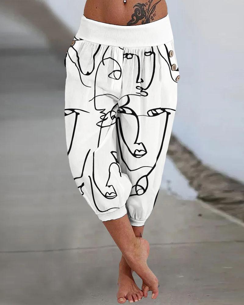 

Abstract Figure Print Low Waist Capris Pants, White