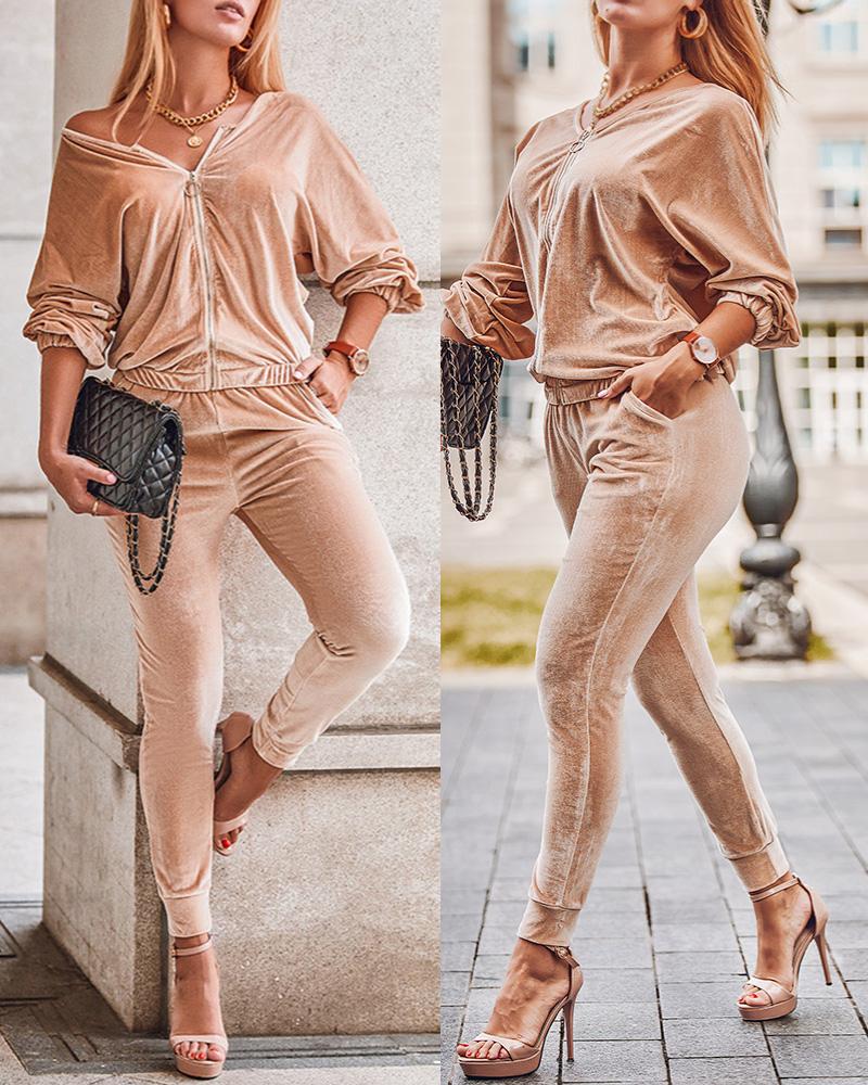 

Velvet Lantern Sleeve Top & Pocket Design Pants Set, Apricot