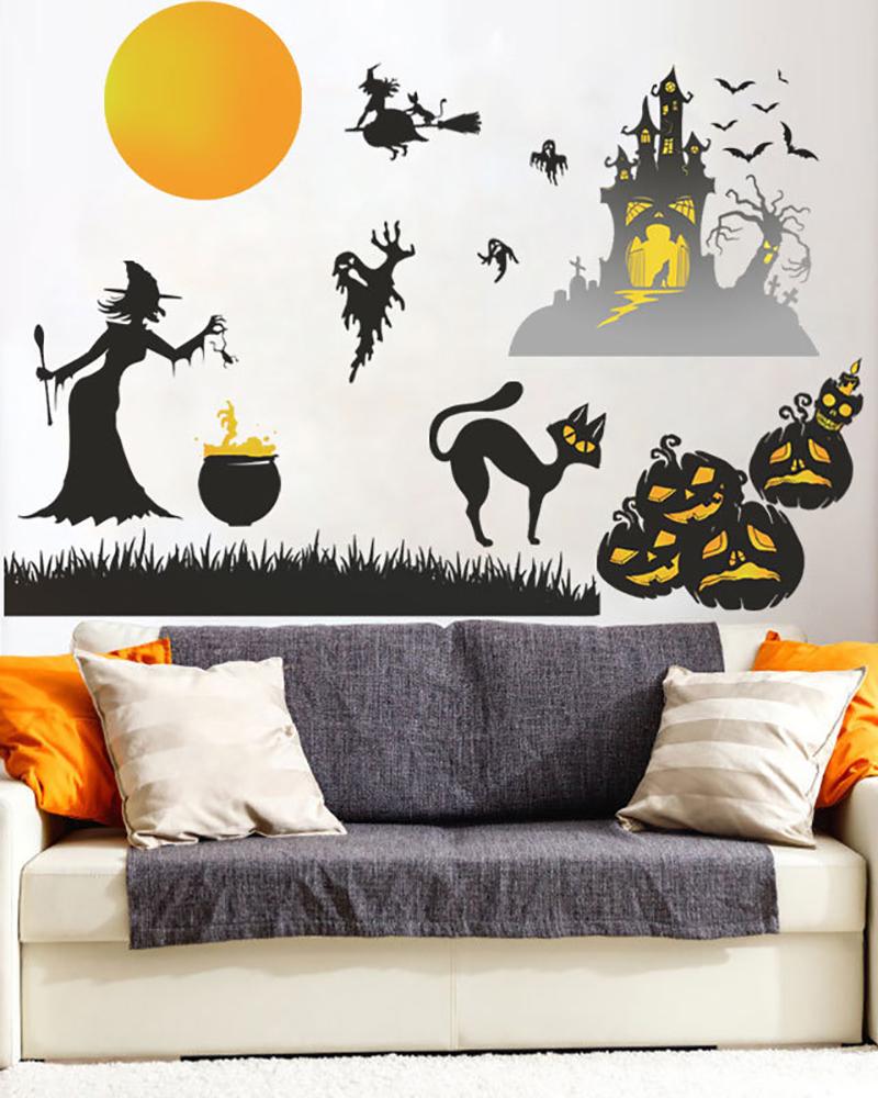 

Halloween Wall Stickers Cemetery Castle Moon Cats Ghost Witch and Bats Wall Decals Pumpkins Spooky Skeleton for Living Room Window Clings Halloween Party Decoration, Style1