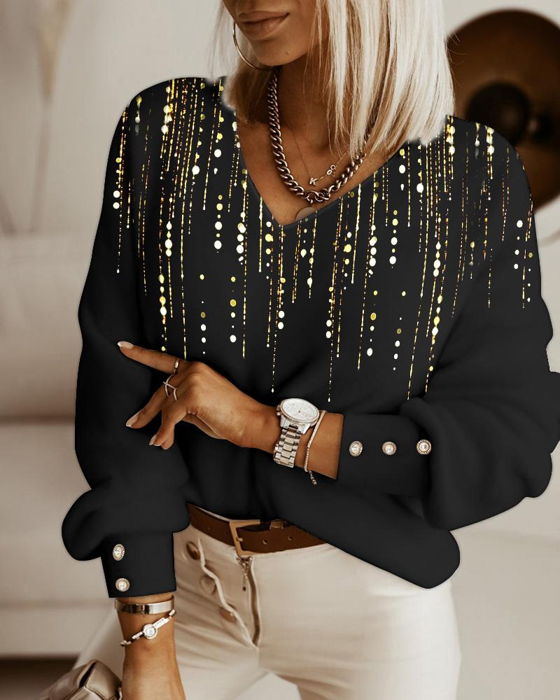 

V-Neck Long Sleeve Print Top, Black