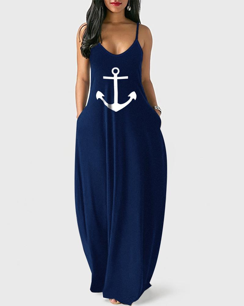 

Anchor Print Spaghetti Strap Casual Dress, Purplish blue