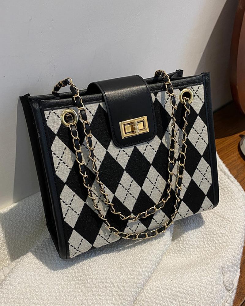 

Argyle Pattern Chain Strap Shoulder Bag, Black