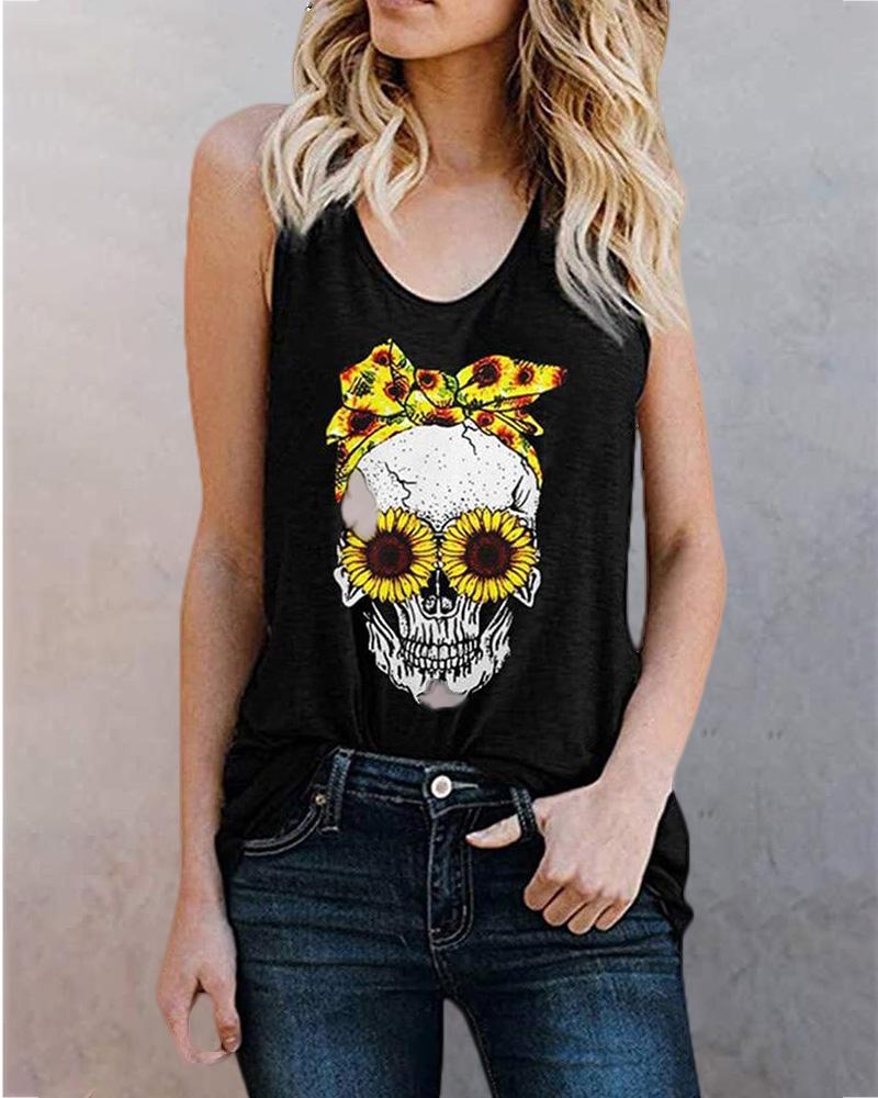 

Skull Sunflower Print Casual Tank Top, Black