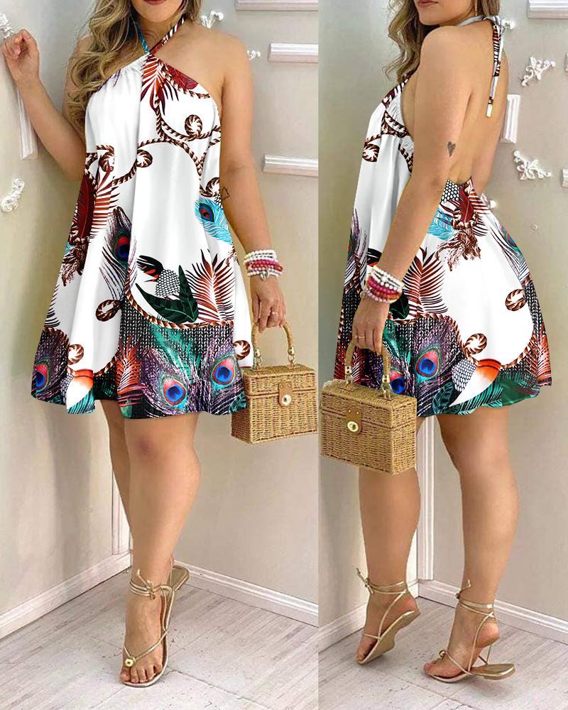 

Peacock Print Halter Backless Sleeveless Casual Dress, White