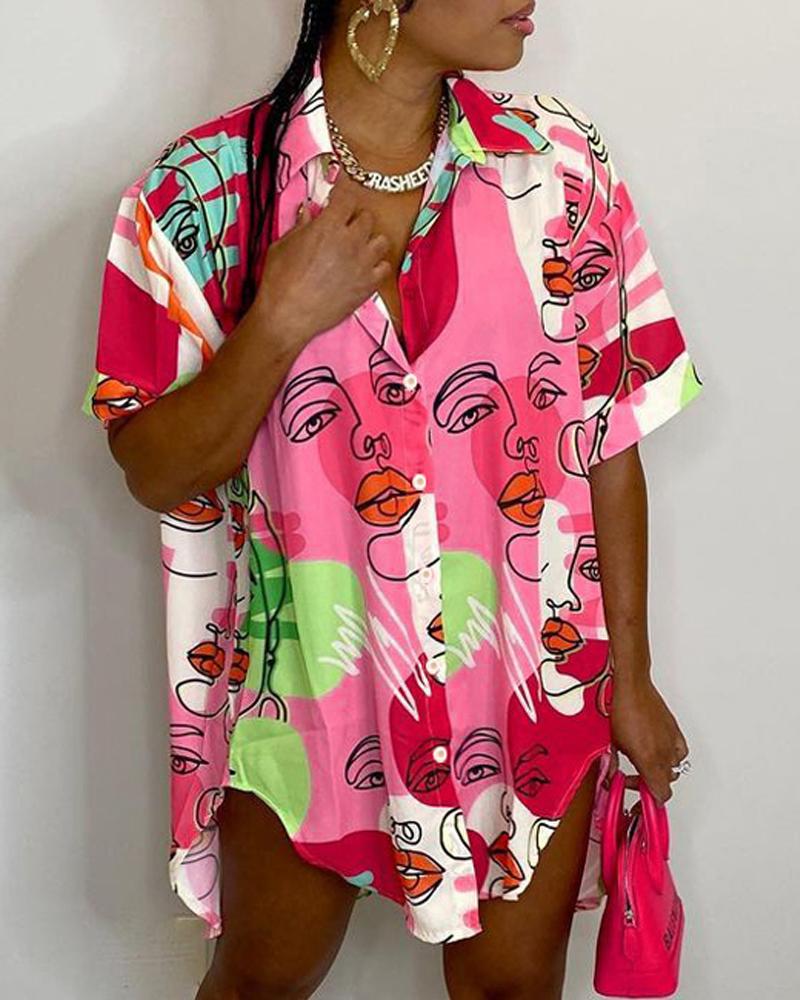 

Abstract Figure Print Button Down Shirt Dress, Pink
