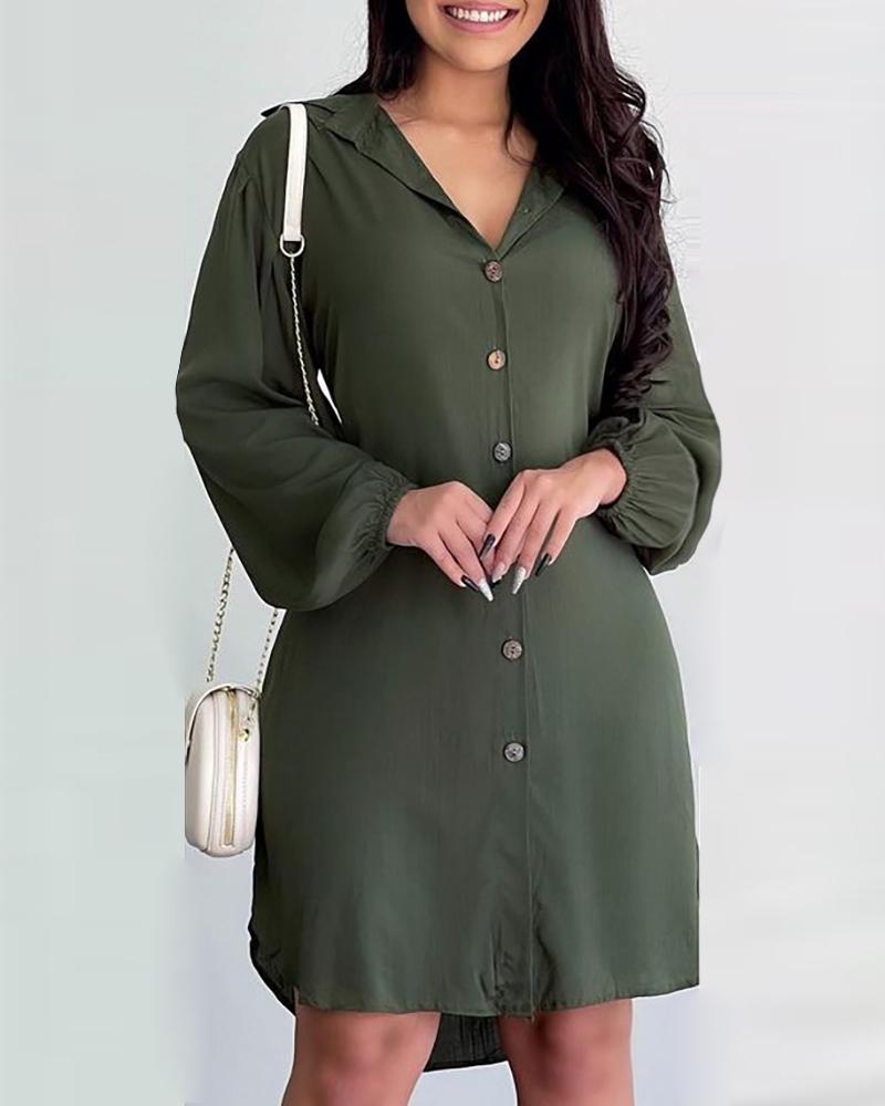 

Lantern Sleeve Button Design Shirt Dress, Army green