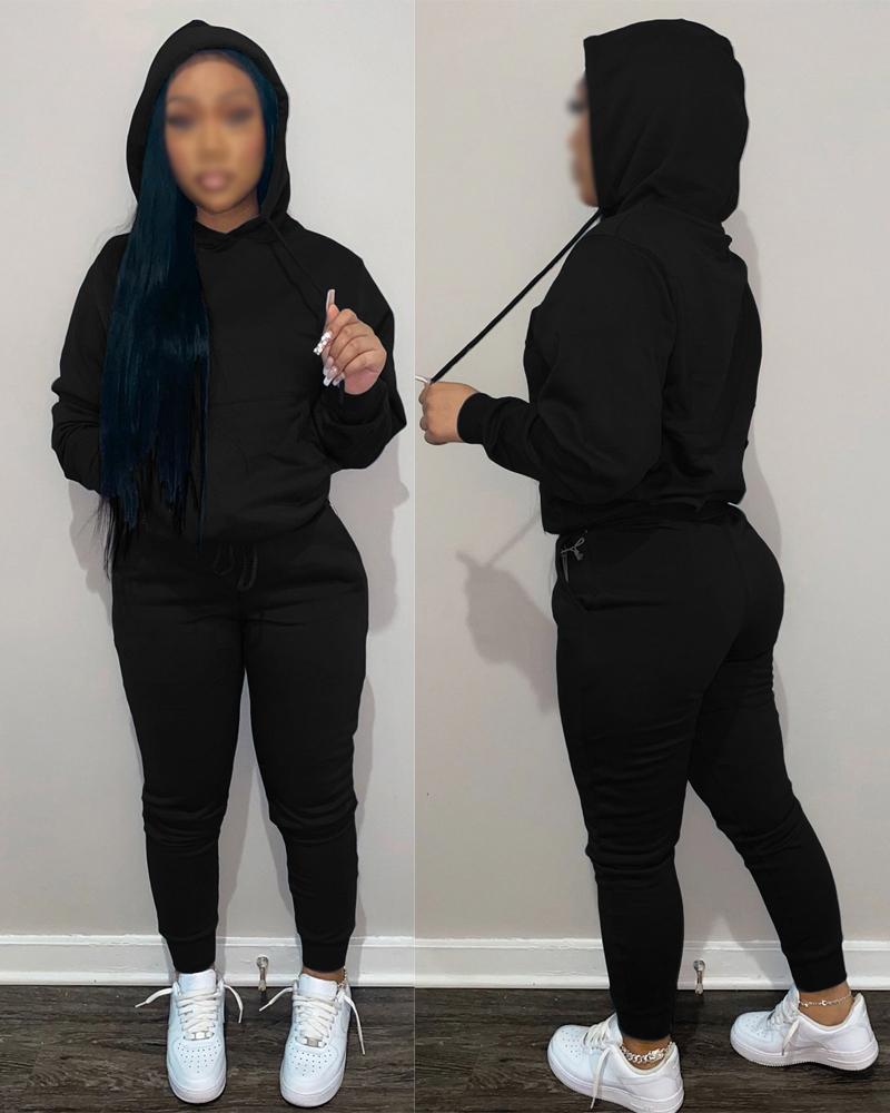 

Long Sleeve Casual Hoodie & Drawstring Pants Set, Black