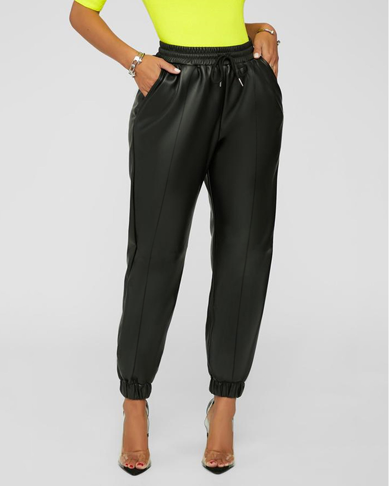 

PU Leather Drawstring High Waist Harem Pants, Black
