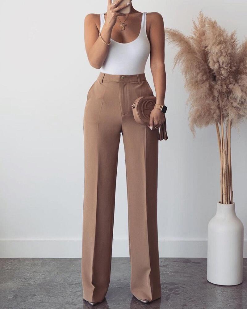 

Solid Ribbed Tanks With Solid Loose Straight Leg Pants Suit Sets, Khaki