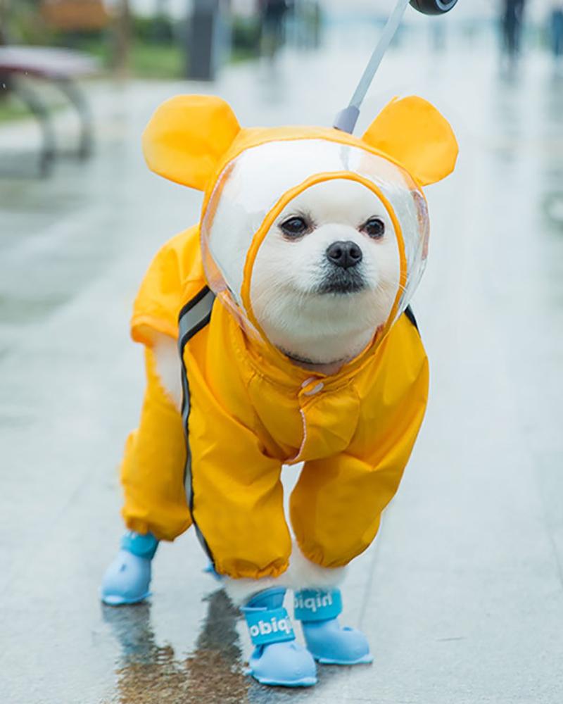 

Cute Pet Dog Raincoat Full Body Coverage with Hat Transparent Brim Reflective Night Light Strip Double Layered Waterproof Rain Jacket, Yellow