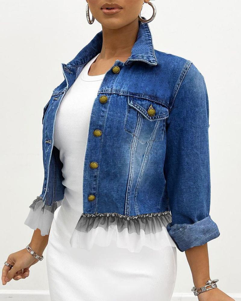 

Contrast Mesh Flap Detail Button Up Denim Coat, Dark blue