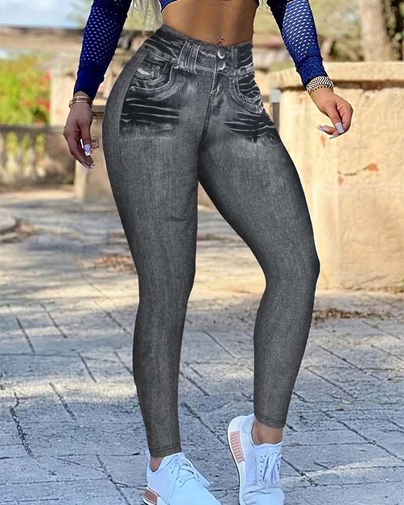 

Leggings en faux jean taille haute imprimé denim, pantalon de yoga sans couture, pantalon d'entraînement pour soulever les fesses, Gray