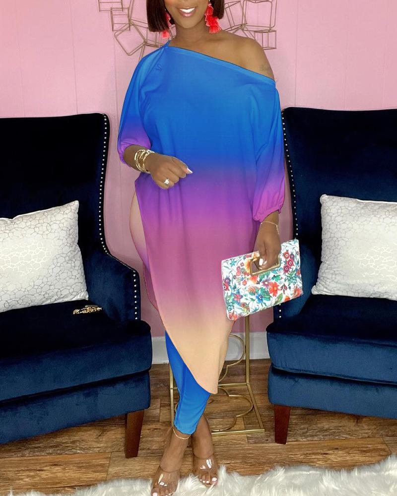 

Ombre Slash Neck Asymmetrical Top & Pants Set, Multicolor
