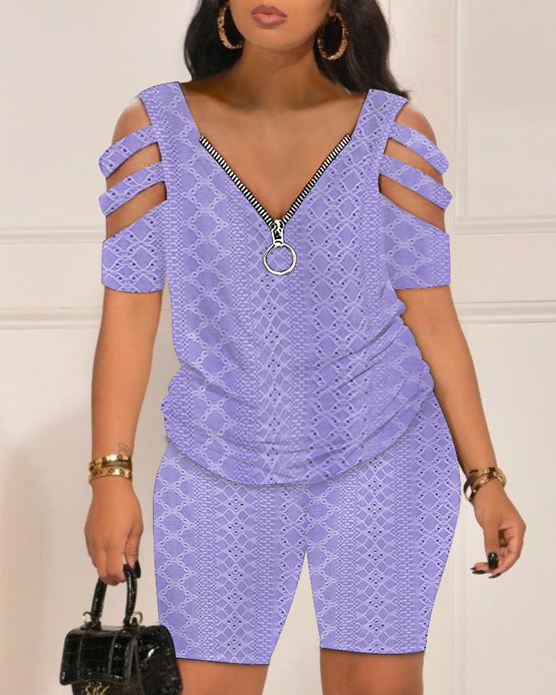 

Eyelet Embroidery Cold Shoulder Top & Shorts Set, Purple