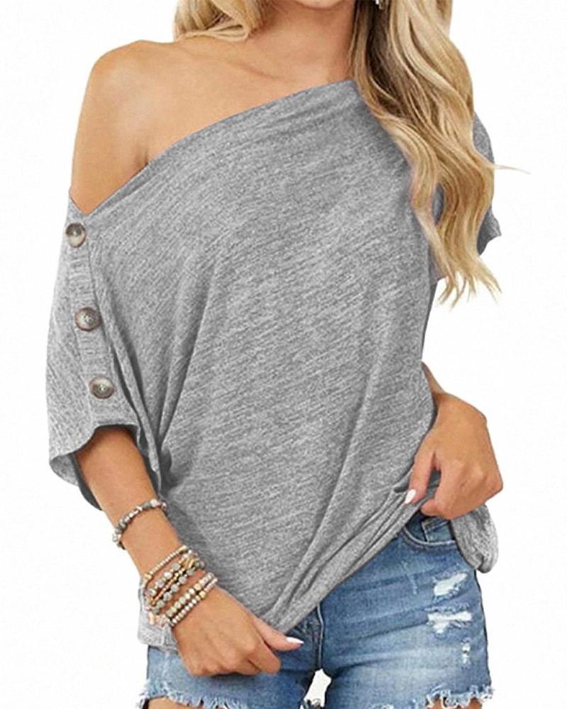 

Cold Shoulder Button Design T-shirt, Gray