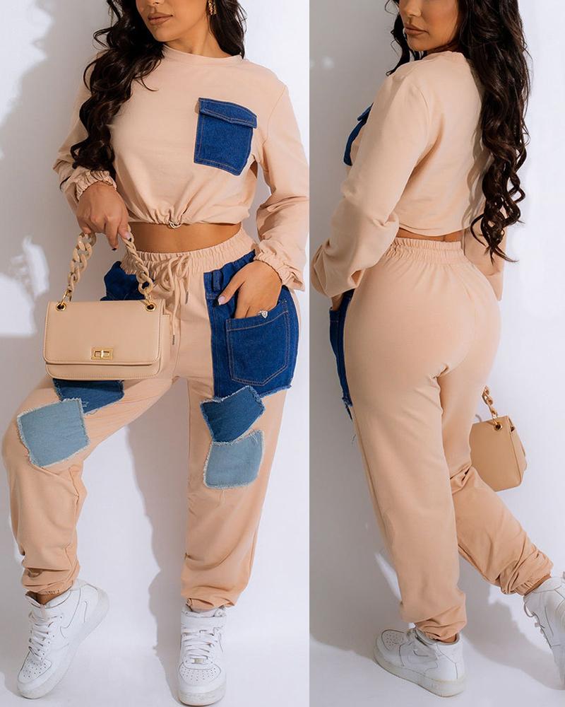 

Denim Ptach Top & Pocket Design Drawstring Sweatpants Set, Khaki