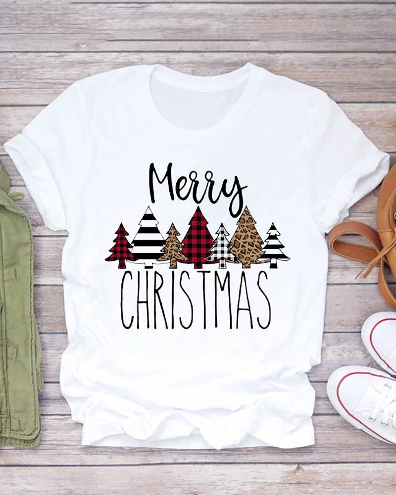 

Christmas Tree Letter Plaid Cheetah Pattern Print Short Sleeve Top, Style4