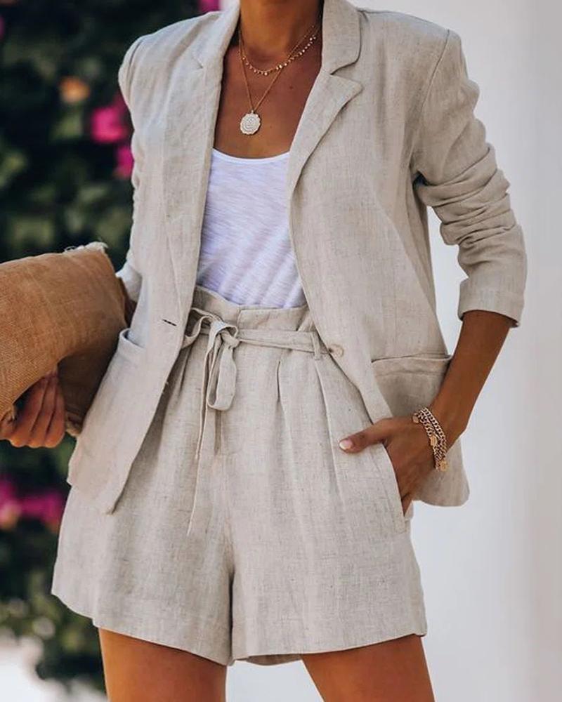 

Single Button Casual Blazer Coat & Tied Detail Shorts Set, Apricot