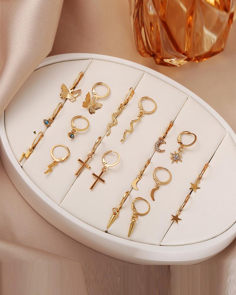 

9Pair Butterfly Snake Cross Decor Earrings Set, Gold