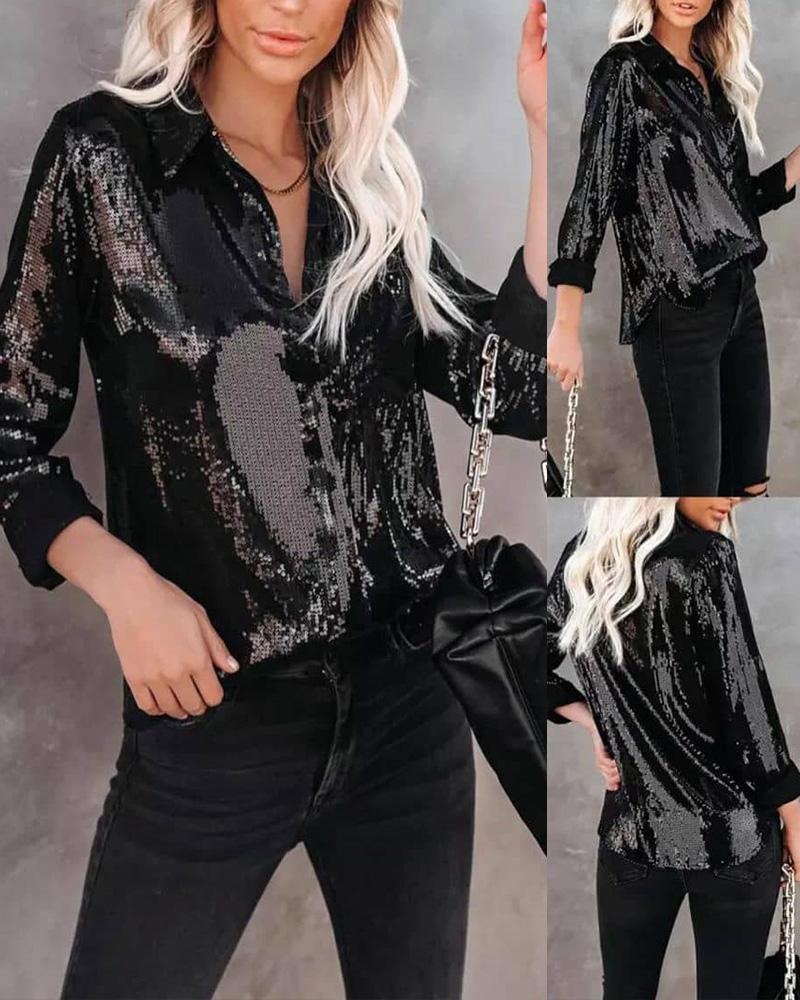 

Long Sleeve Button Down Sequin Shirt, Black