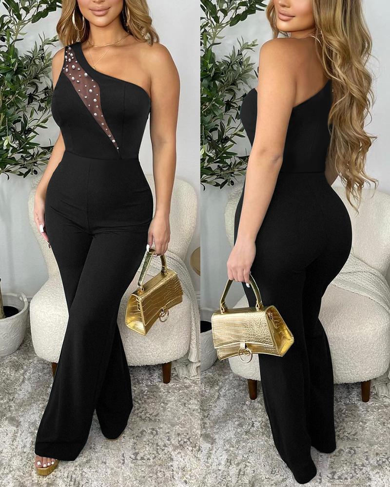 

Rhinestone Contrast Mesh One Shoulder Jumpsuit, Black
