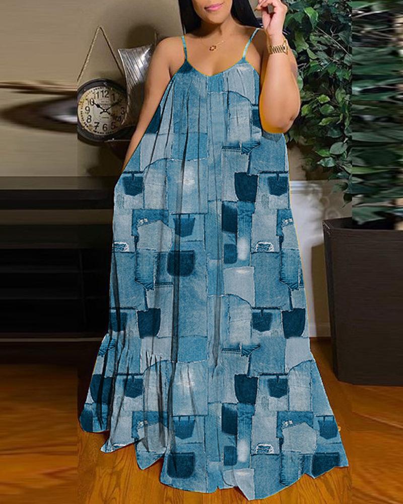 

Plus Size Denim Look Print Ruffle Hem Maxi Dress, Blue