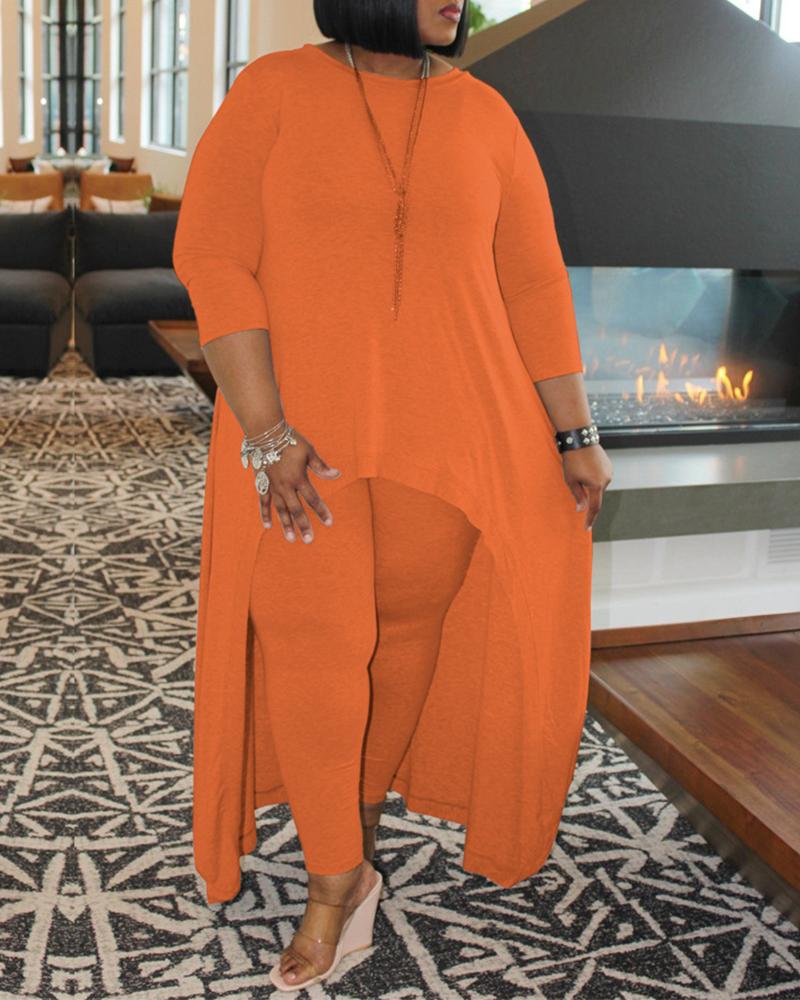

Solid Asymmetrical Hem Top & Pants Set, Orange