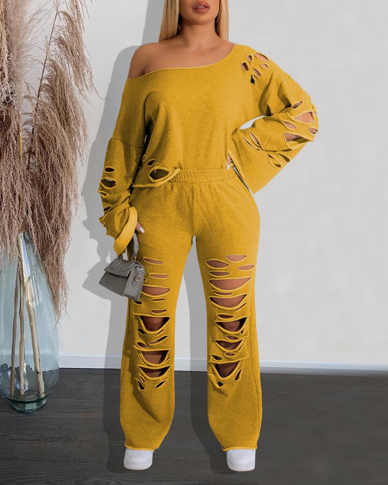 

Hollow Out Long Sleeve Top & Pants Set, Yellow