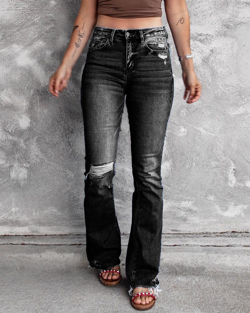 

High Waist Ripped Raw Hem Bootcut Jeans, Black
