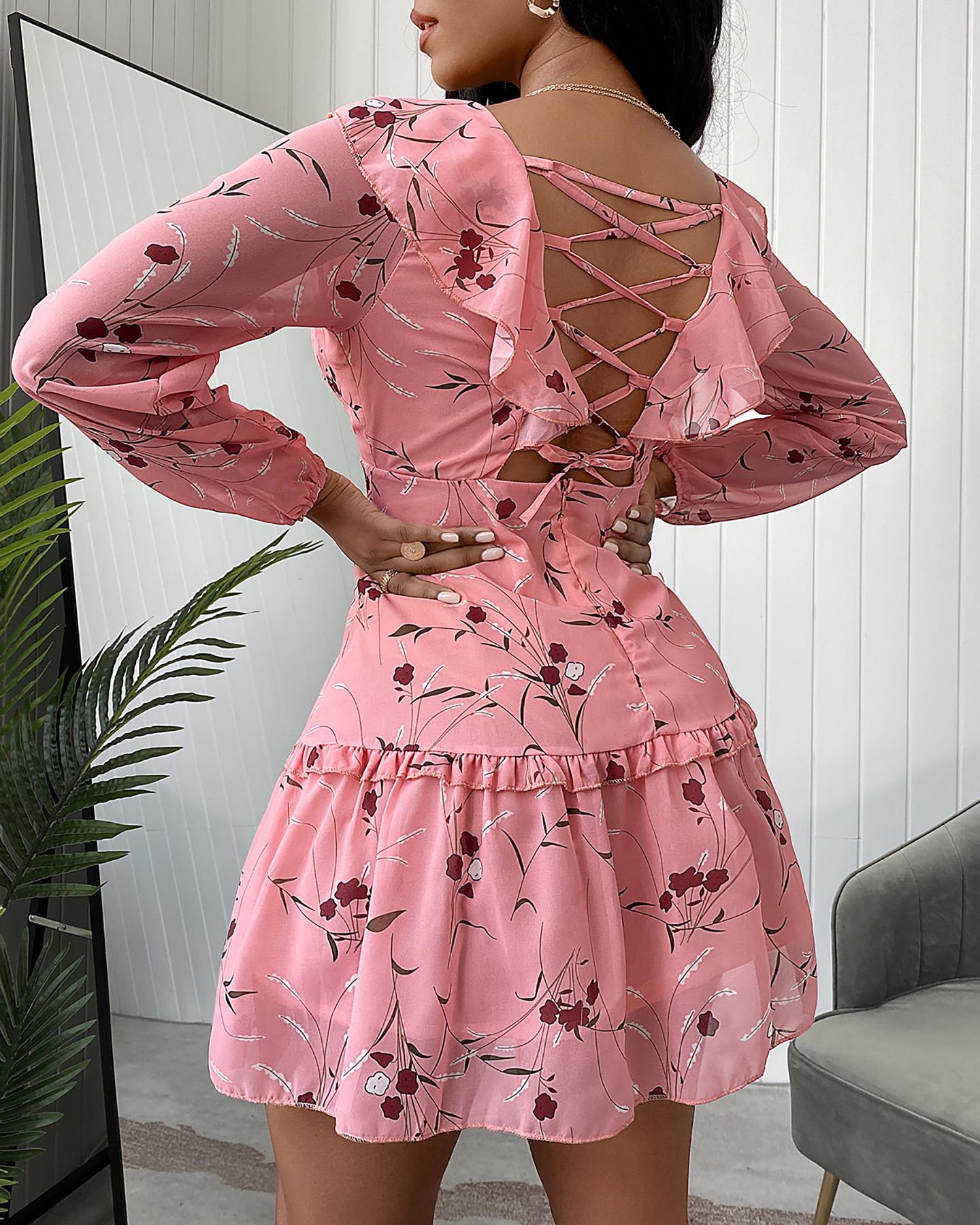

Floral Lantern Sleeve Cut-out Ruffles Dress, Pink