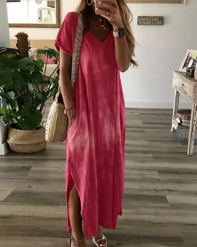 

Tie Dye Print Split Hem Pocket Design Casual Dress, Red