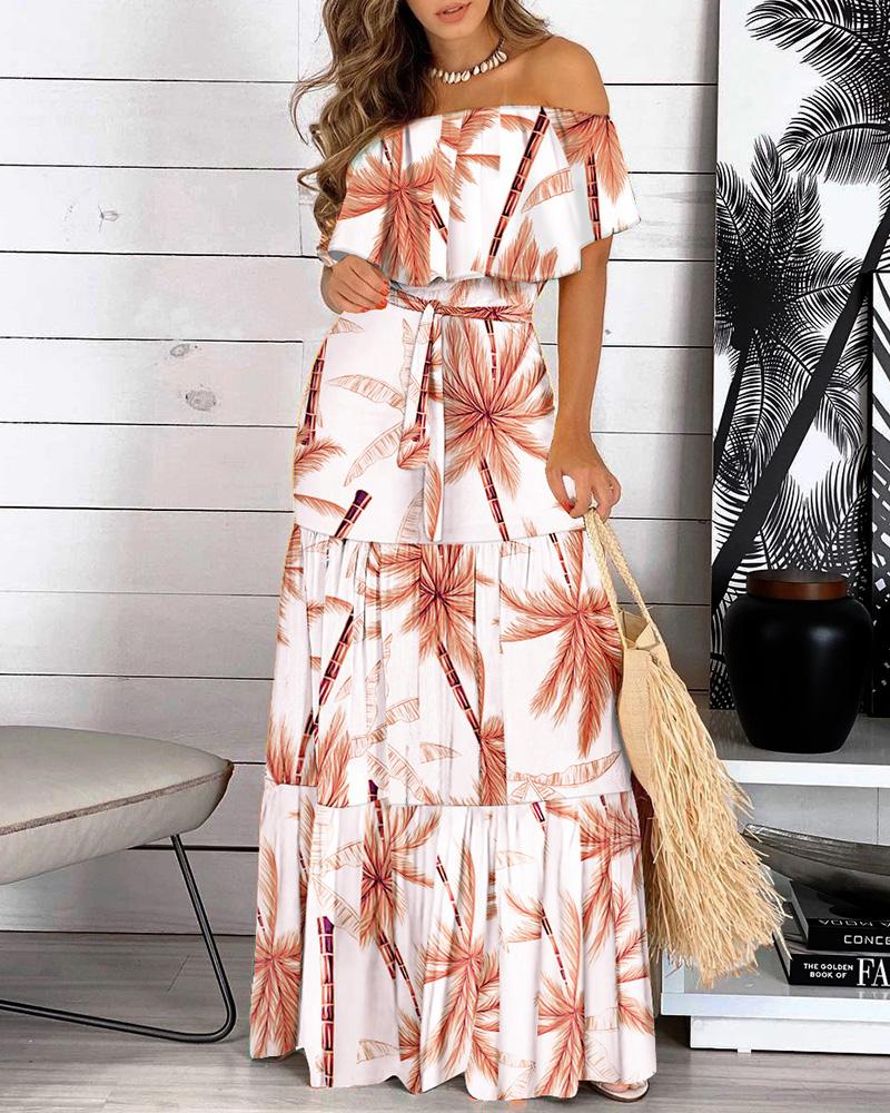 

Off Shoulder Tree Print Ruffles Maxi Dress With Belt, White