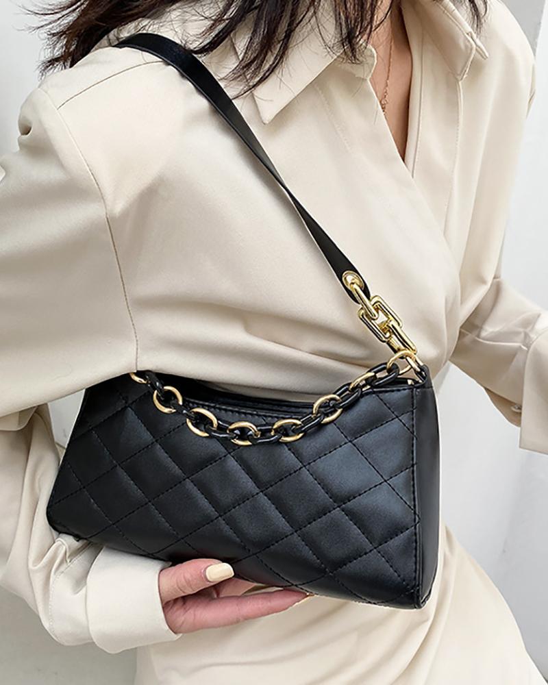 

Chain Decor Quilted Shoulder Bag, Black