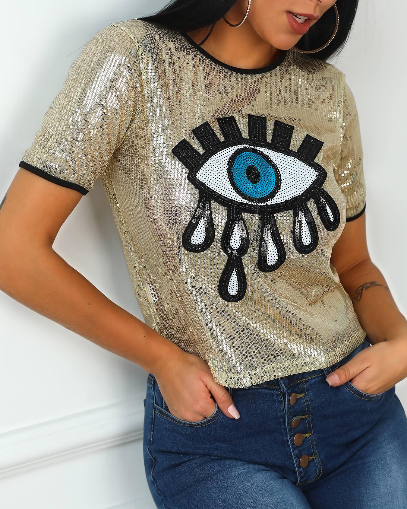 

Eye Pattern Sequin Short Sleeve T-Shirt, Gold