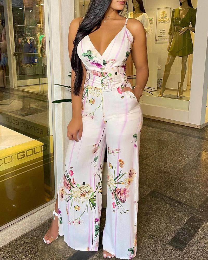 

Floral Print Pocket Design Slit Jumpsuit With Belt, White