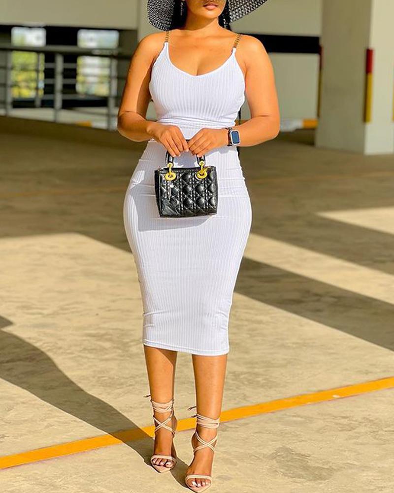 

Chain Strap V-Neck Midi Dress, White