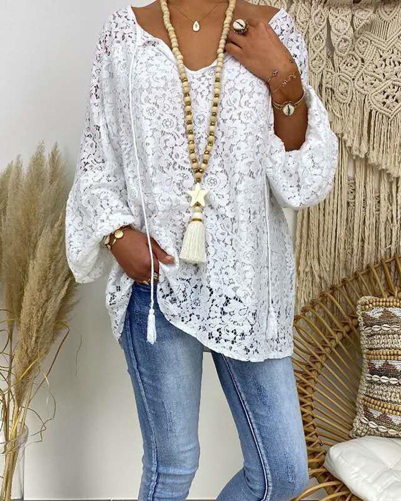 

Plus Size Tassel Detail Long Sleeve Lace Top, White