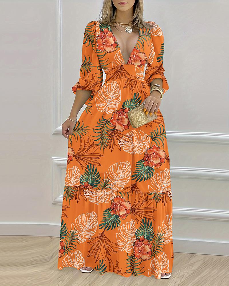 

Tropical Print Plunge Lantern Sleeve Maxi Dress, Orange