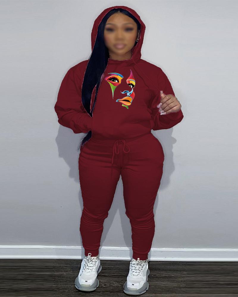 

Plus Size Figure Print Long Sleeve Hoodie & Pants Set, Wine red