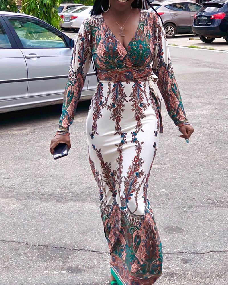

Retro Scarf Print Long Sleeve Maxi Dress, Brown