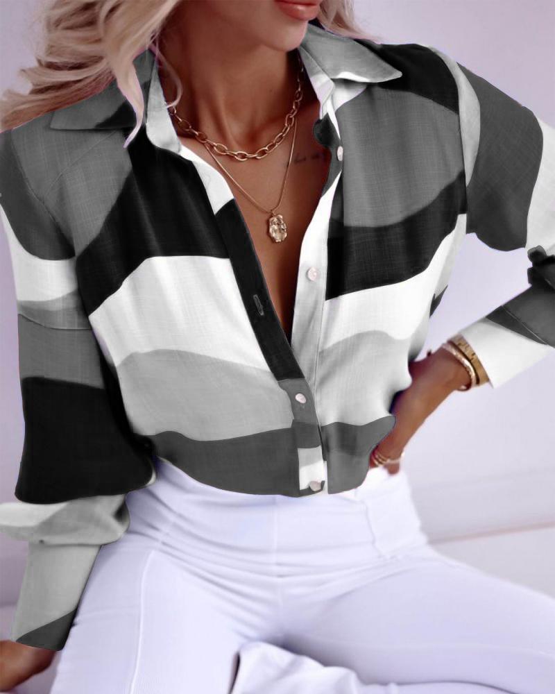 

Geometric Print Long Sleeve Button Down Shirt, Black