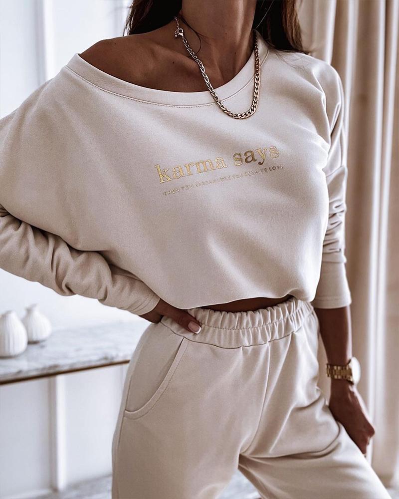 

Letter Print Long Sleeve Top & Pocket Pants Set, Apricot