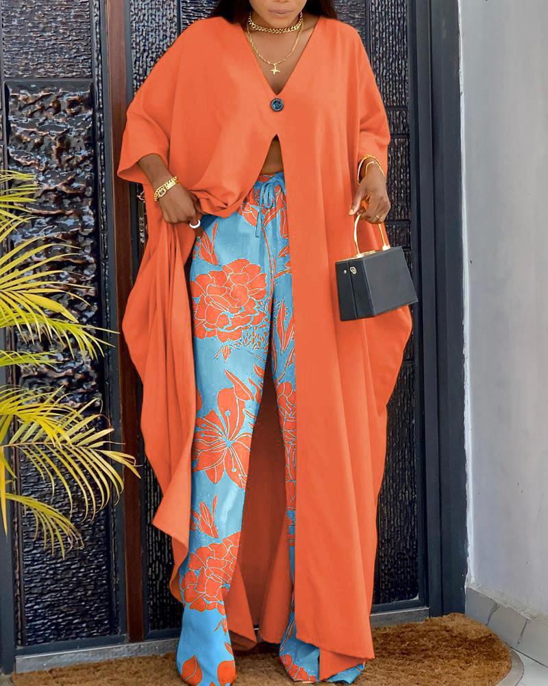 

High Slit Longline Top & Plants Print Pants Set, Orange