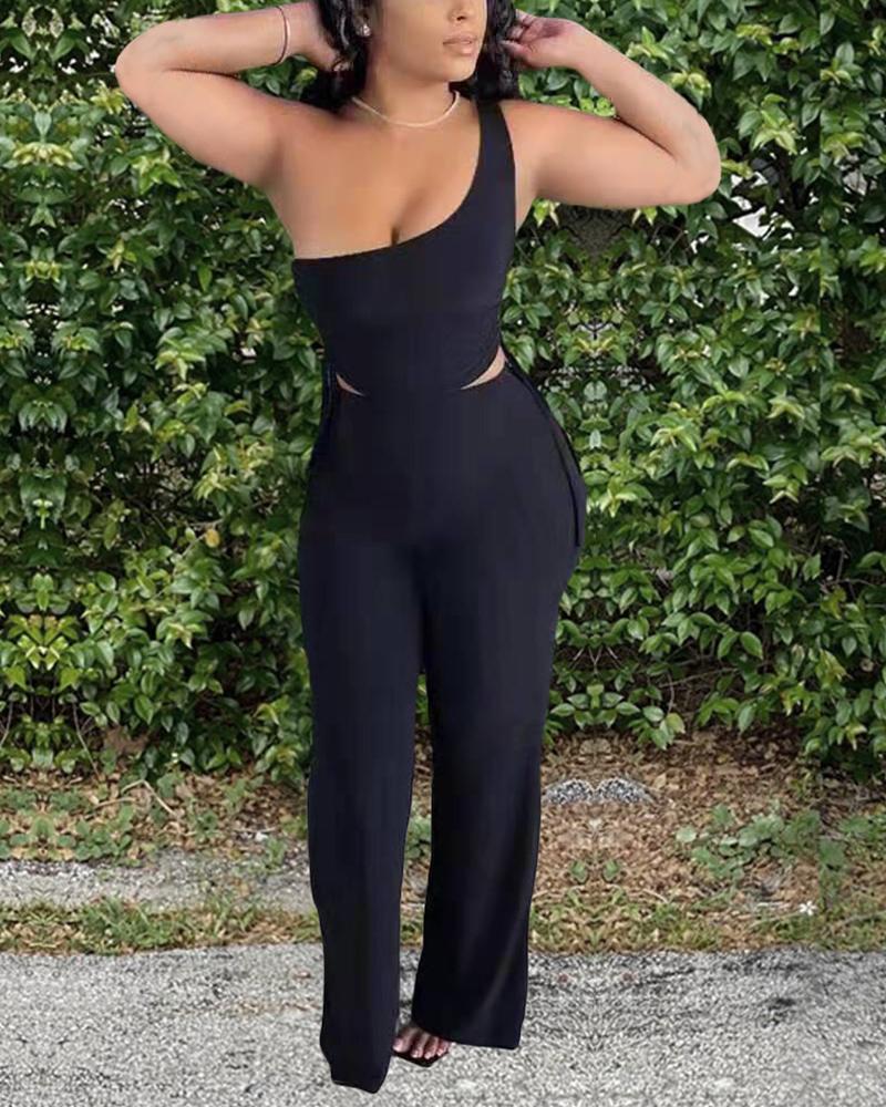 

Solid One Shoulder Slim Tanks With Wide Leg Pants Suit Sets, Black
