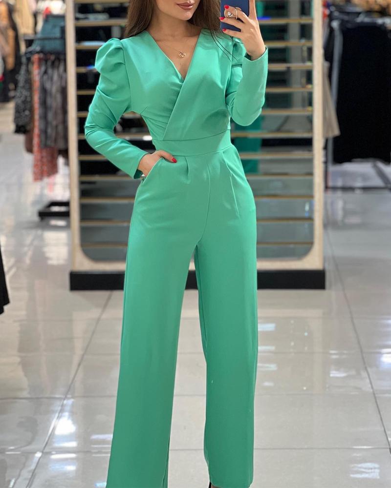 

Puff Sleeve Surplice Neck Jumpsuit, Green