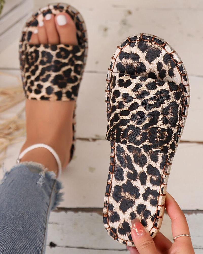 

Leopard Print Wide Strap Slippers, Brown&leopard