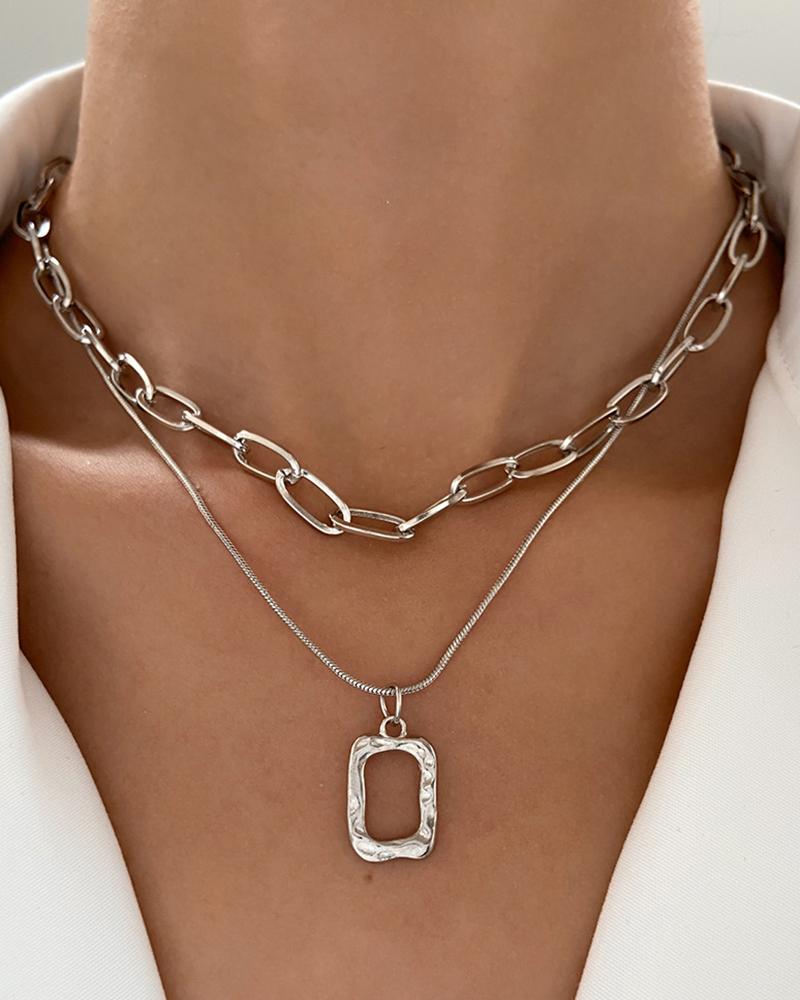 

1pc Geometric Multi-Layered Chain Necklace, Silver