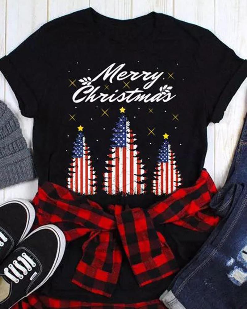 

Christmas Tree Flag Print Casual T-shirt, Black