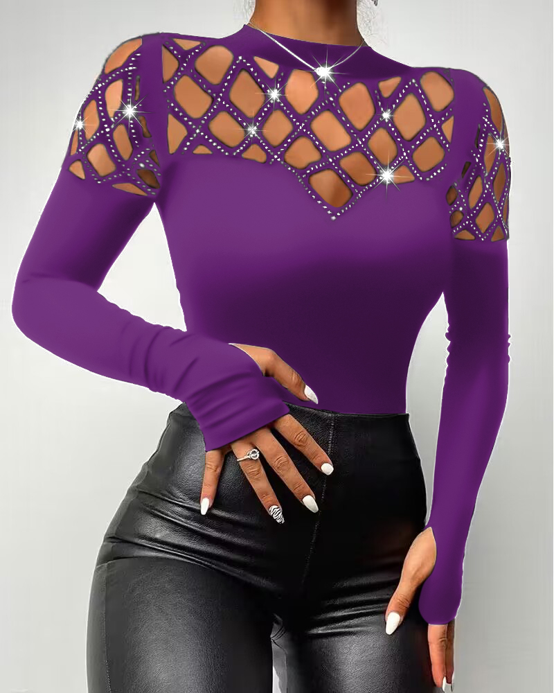 

Top de manga comprida com strass vazado e ombro vazado casual, Purple